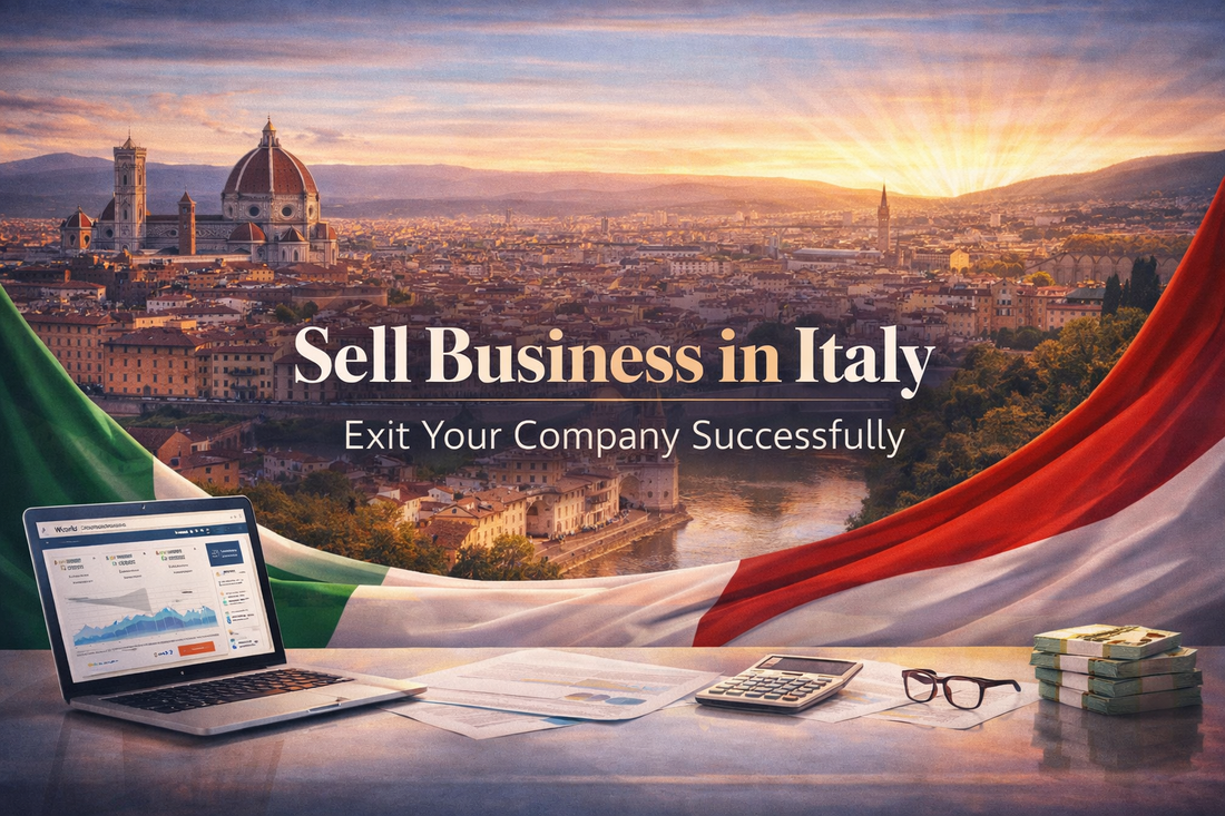 Sell Business in Italy banner featuring Florence skyline with cathedral and sunset, Italian flag elements, and centered professional text