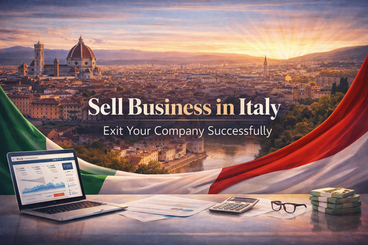 Sell Business in Italy banner featuring Florence skyline with cathedral and sunset, Italian flag elements, and centered professional text