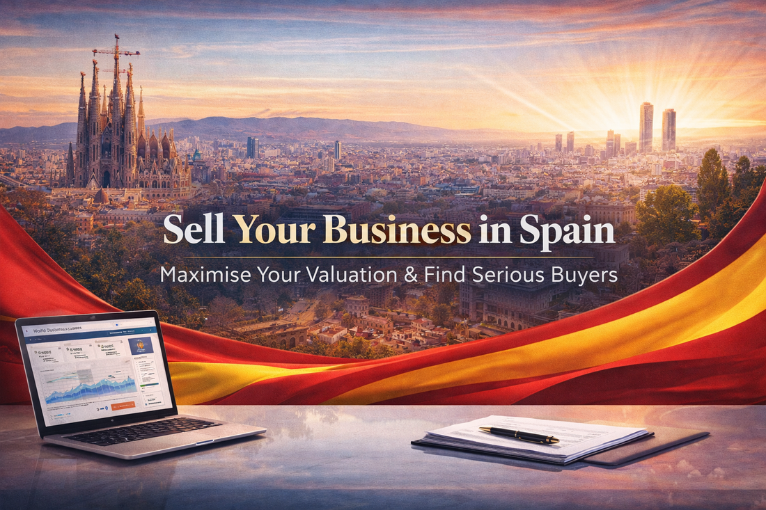 Sell Your Business in Spain banner featuring Barcelona skyline with Sagrada Família, sunset tones and Spanish flag style waves, with centered bold text