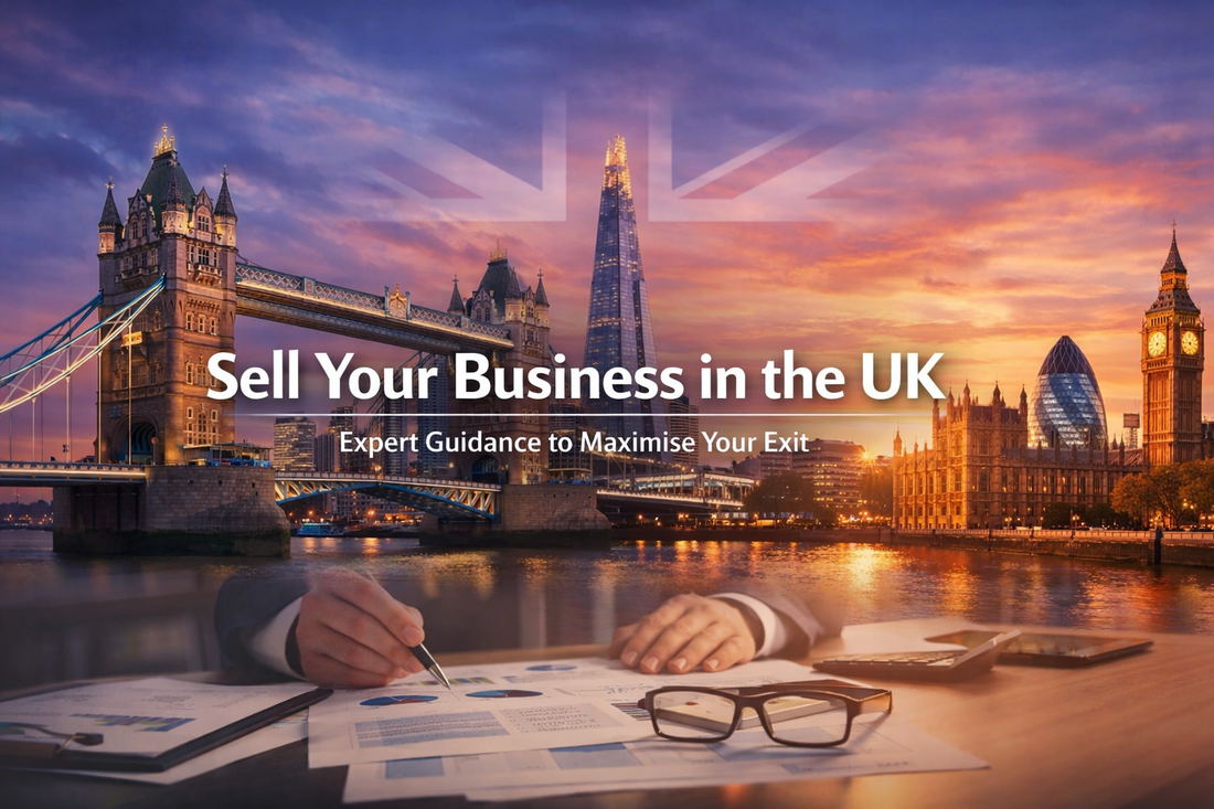 Sell Your Business in the UK banner with London skyline and financial documents representing company sale and business exit strategy