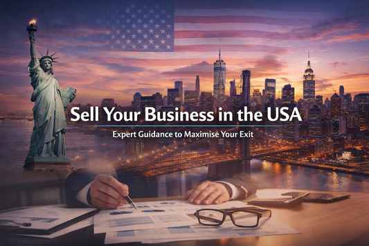 Sell Your Business in the USA banner featuring New York skyline, Statue of Liberty, and financial documents symbolising business sale and exit strategy