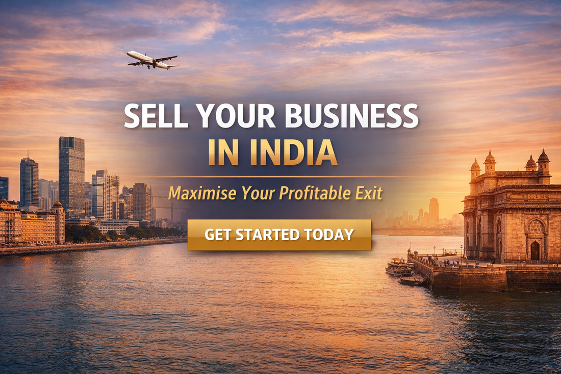 Sell your business in India banner with city skyline and Gateway of India, promoting profitable exit and attracting serious buyers