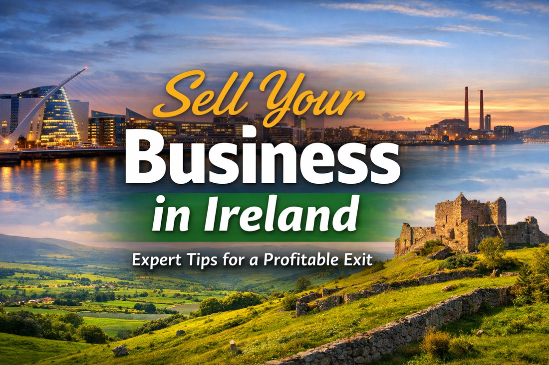 Sell Your Business in Ireland banner featuring Dublin skyline and Irish countryside with bold centre text highlighting profitable exit tips