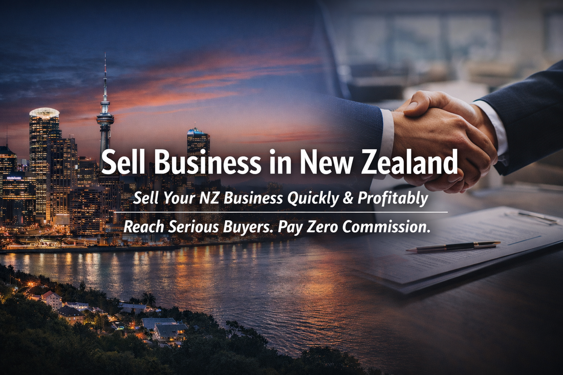 Sell business in New Zealand banner featuring Auckland skyline and business handshake with centered promotional text
