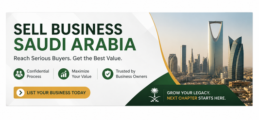 Horizontal Shopify banner for selling a business in Saudi Arabia featuring Riyadh skyline, green and gold professional design, and centred text promoting confidential business sales and serious buyers.