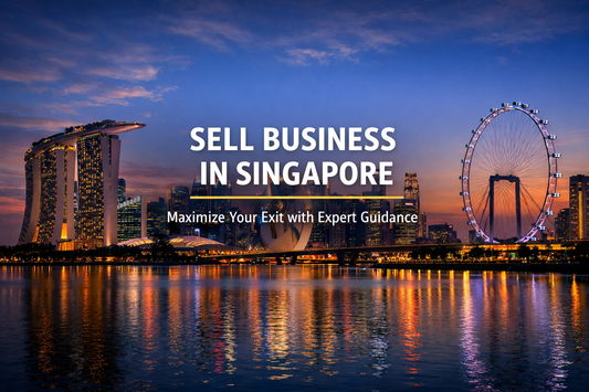 Sell Business in Singapore banner featuring the illuminated Singapore skyline at sunset with Marina Bay Sands and Singapore Flyer, with centered text promoting business exit opportunities.
