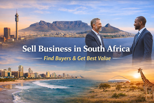 Sell Business in South Africa banner with handshake between business owners, city skylines, coastline, and safari background, featuring centred text about finding buyers and getting best value