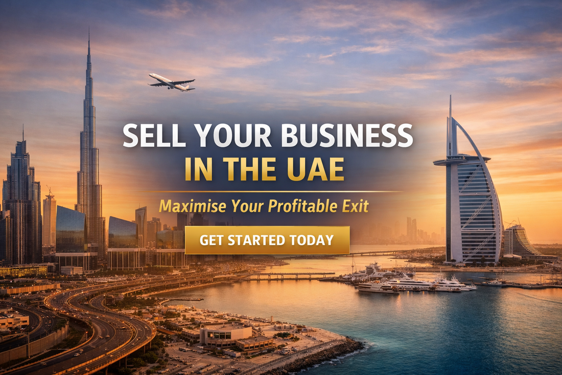 Sell your business in the UAE banner with Dubai skyline, highlighting profitable exit and global investor opportunities