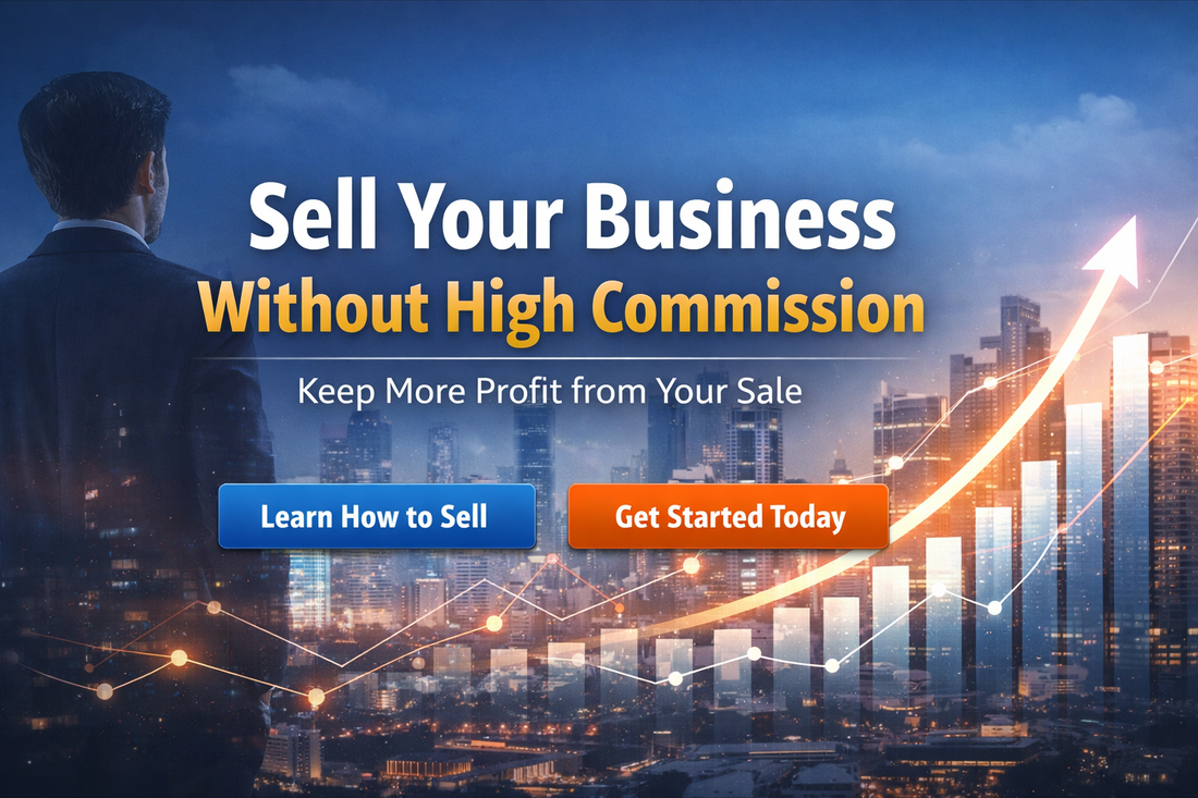 Sell your business without high commission banner showing businessman overlooking city with growth chart and profit increase concept