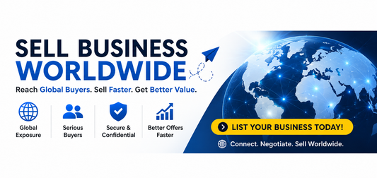 Sell Business Worldwide banner with global buyer network, business growth graphics, and international business sale promotion