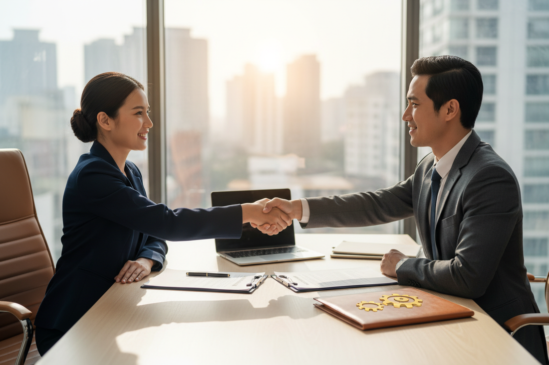 Business owner shaking hands with buyer across a desk when selling a business in the UK
