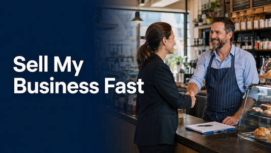 Business owner shaking hands with a buyer inside a café with the title Sell My Business Fast