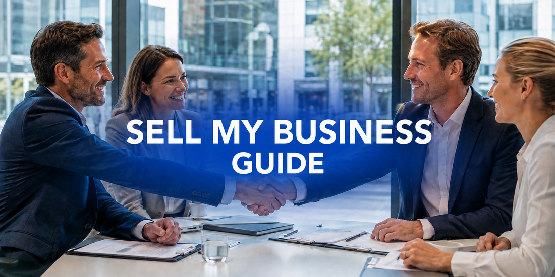 Business owner and buyer shaking hands during a professional UK business sale meeting