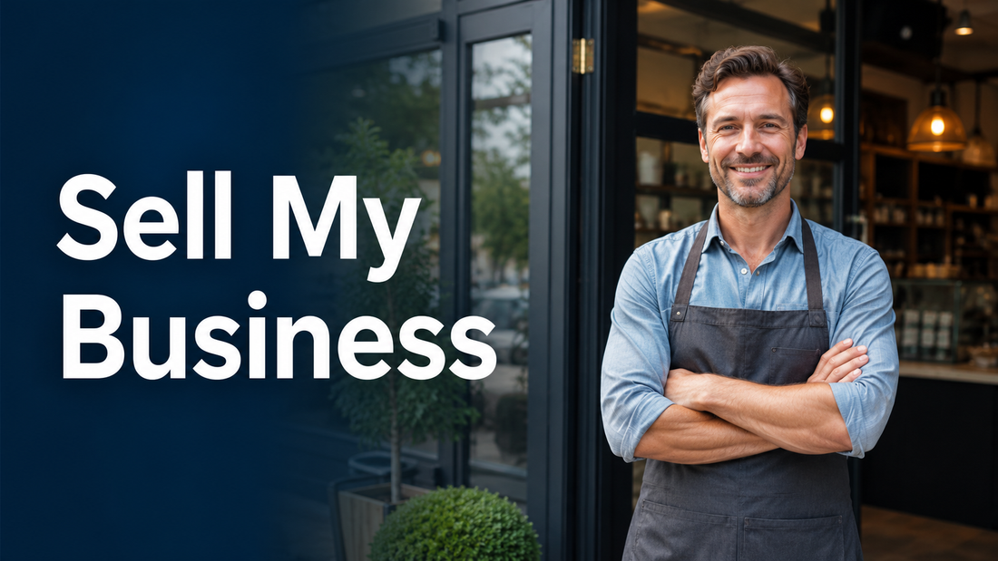 Business owner standing outside his shop with Sell My Business title