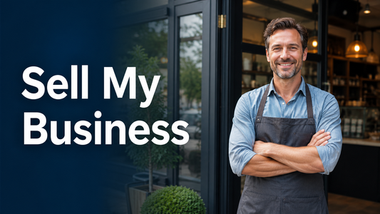 Business owner standing outside his shop with Sell My Business title