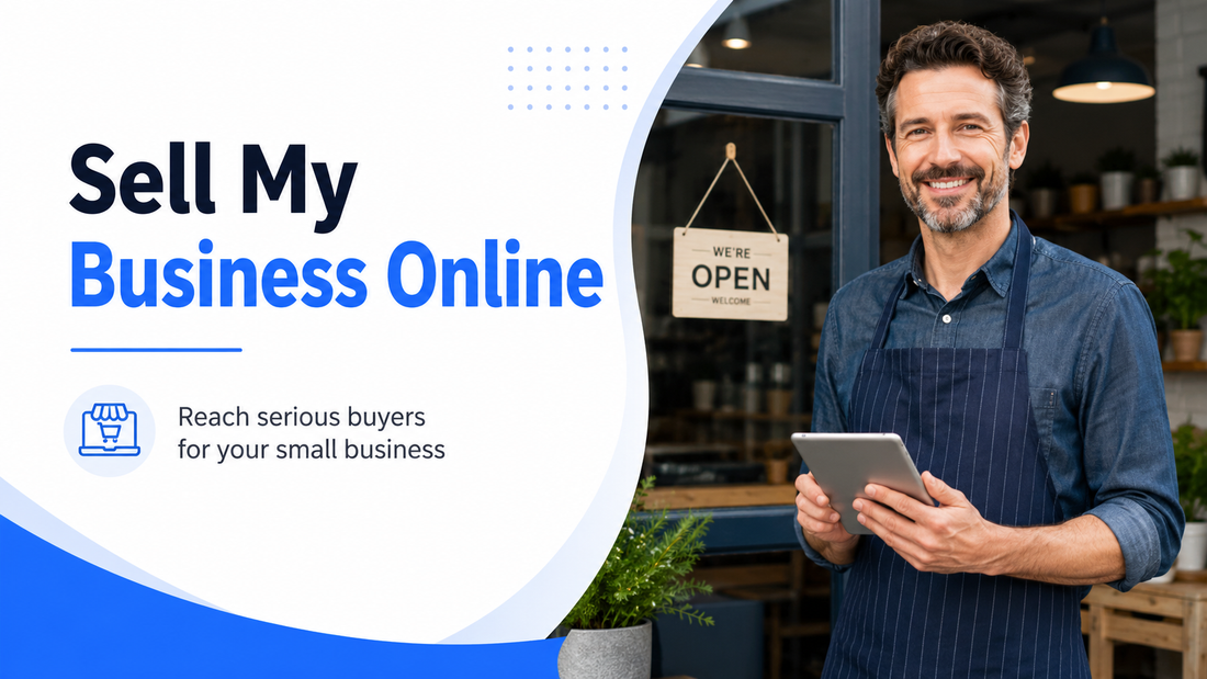 Small business owner holding a tablet outside his shop while promoting his business for sale online