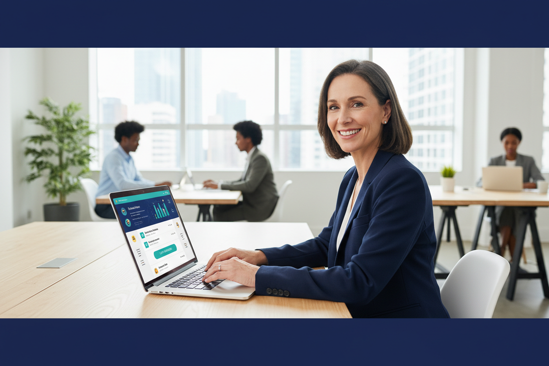 Business owner using a laptop to list their business for sale on an online marketplace