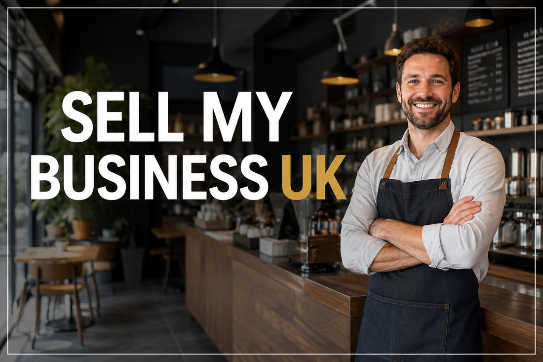 Business owner standing inside a modern café with Sell My Business UK title