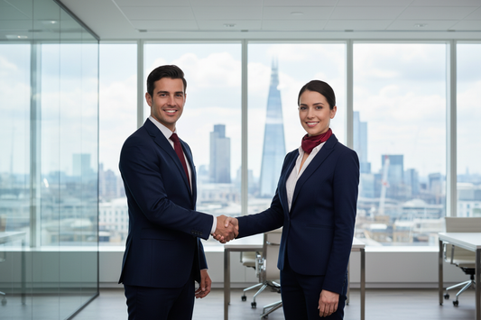 Two UK business professionals shaking hands in a modern office with the City of London skyline in the background