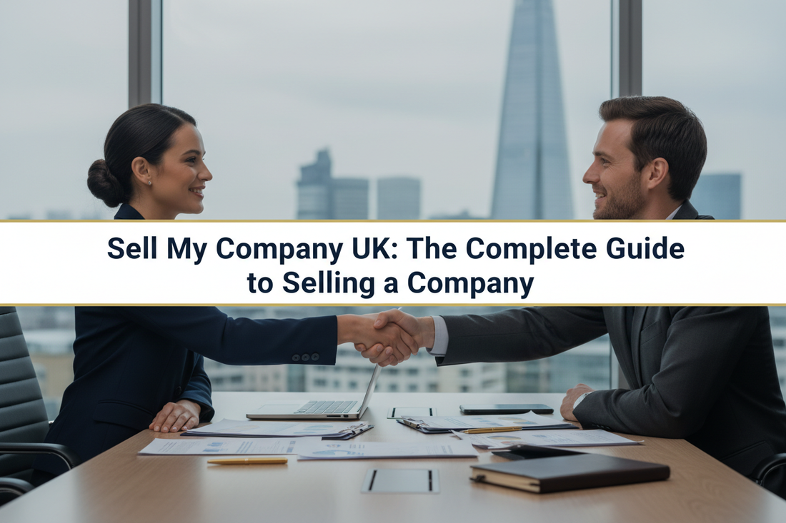 UK company owner shaking hands with a buyer across a boardroom table, illustrating the process of selling a company in the UK
