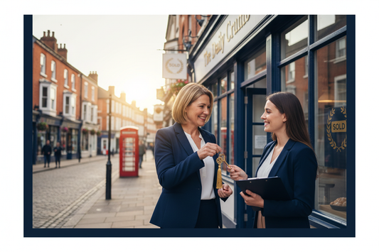 UK small business owner handing over keys to a new buyer, illustrating a successful small business sale