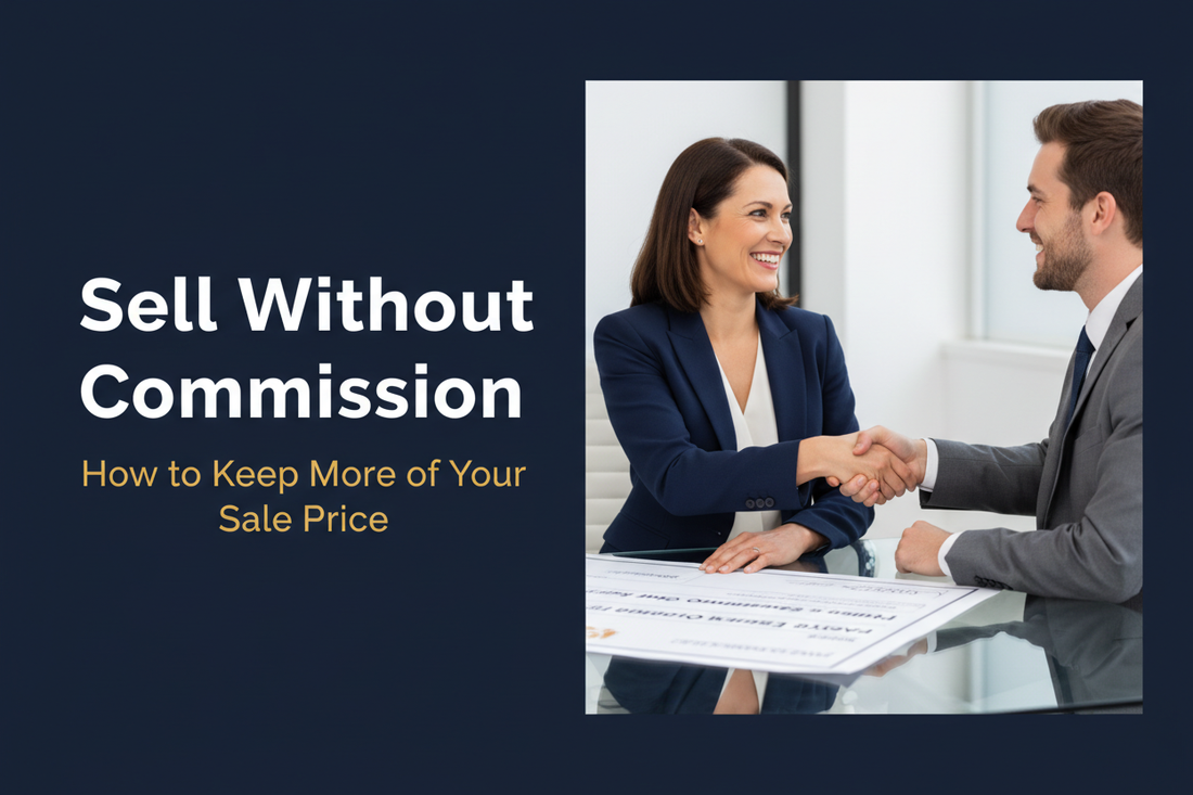 Business owner and buyer shaking hands directly in a bright modern office with financial documents on the desk, with text reading Sell Without Commission, How to Keep More of Your Sale Price