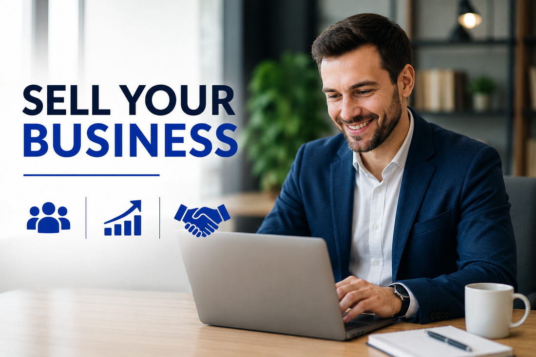 Sell your business banner showing a professional business owner using a laptop with buyer, growth and partnership icons