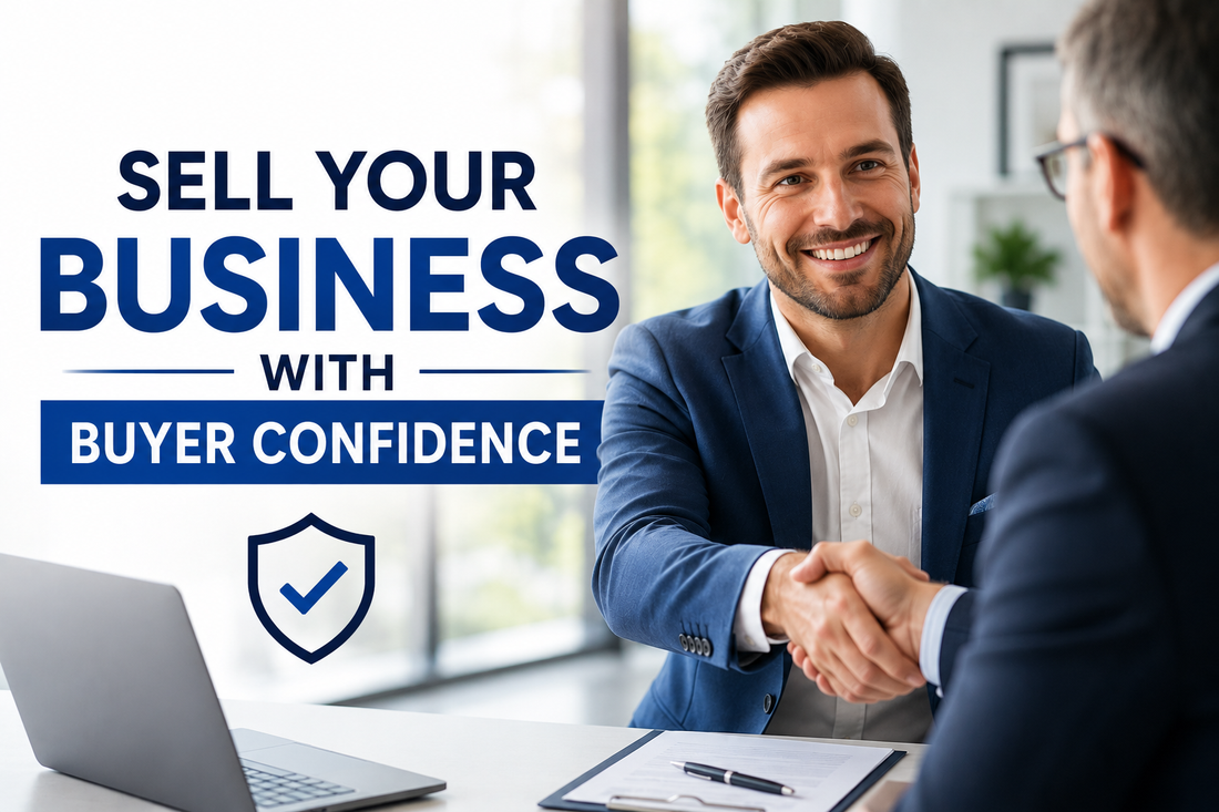 Business owner shaking hands with a buyer, promoting buyer confidence when selling a business.