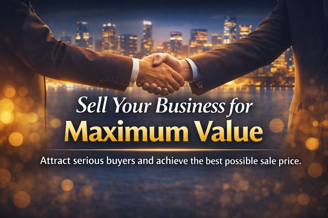Sell Your Business for Maximum Value – premium gold and navy finance banner showing a successful business deal handshake