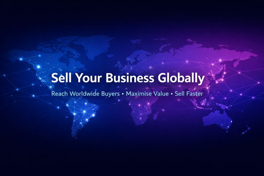 Sell Your Business Globally banner with world map and global network connections