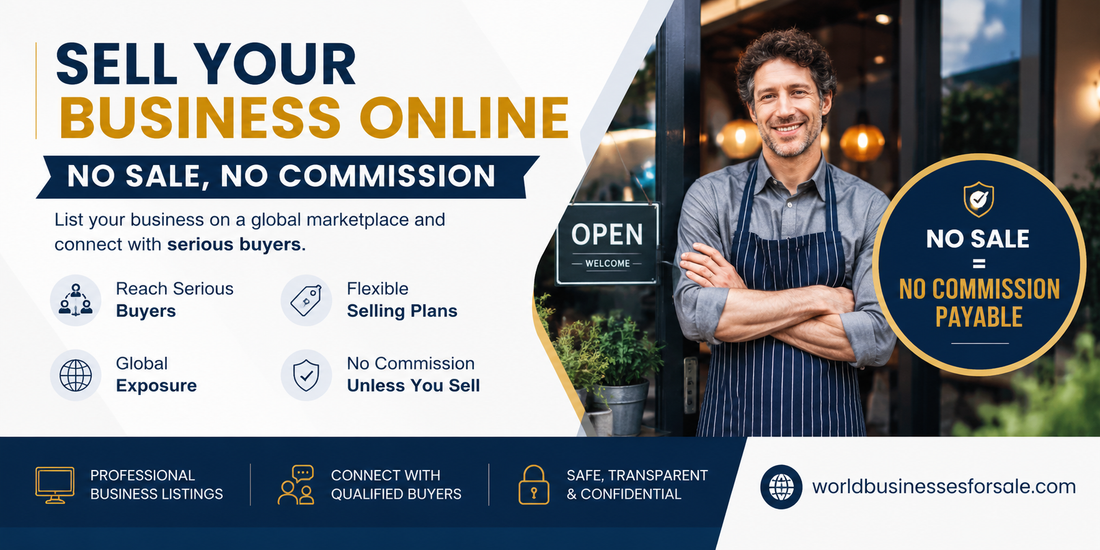 Sell Your Business Online banner featuring a professional business owner, no sale no commission message, serious buyer exposure, and flexible business selling plans through World Businesses For Sale.