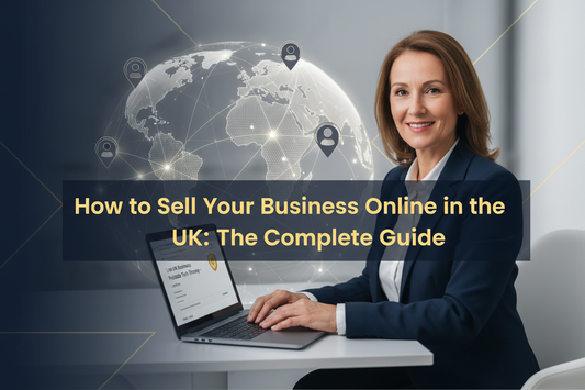 UK business owner listing their business for sale online, with buyers connecting digitally from across the UK and worldwide