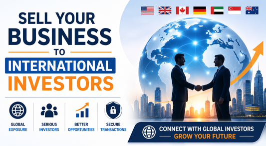 Sell your business to international investors banner featuring global investor network, worldwide business buyers, international business growth, and secure acquisition opportunities.