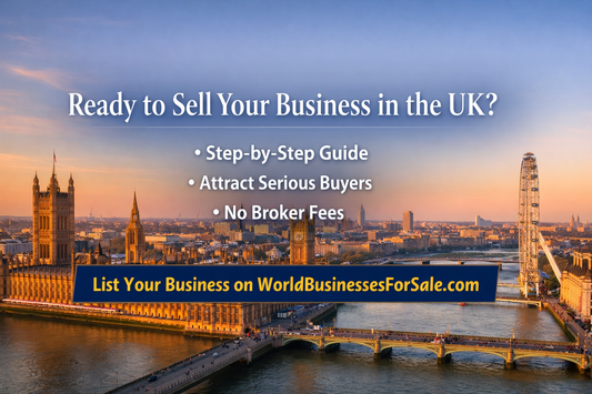 Sell Your Business in the UK banner with London skyline, step-by-step guide, attract serious buyers, no broker fees, and call to list on WorldBusinessesForSale.com