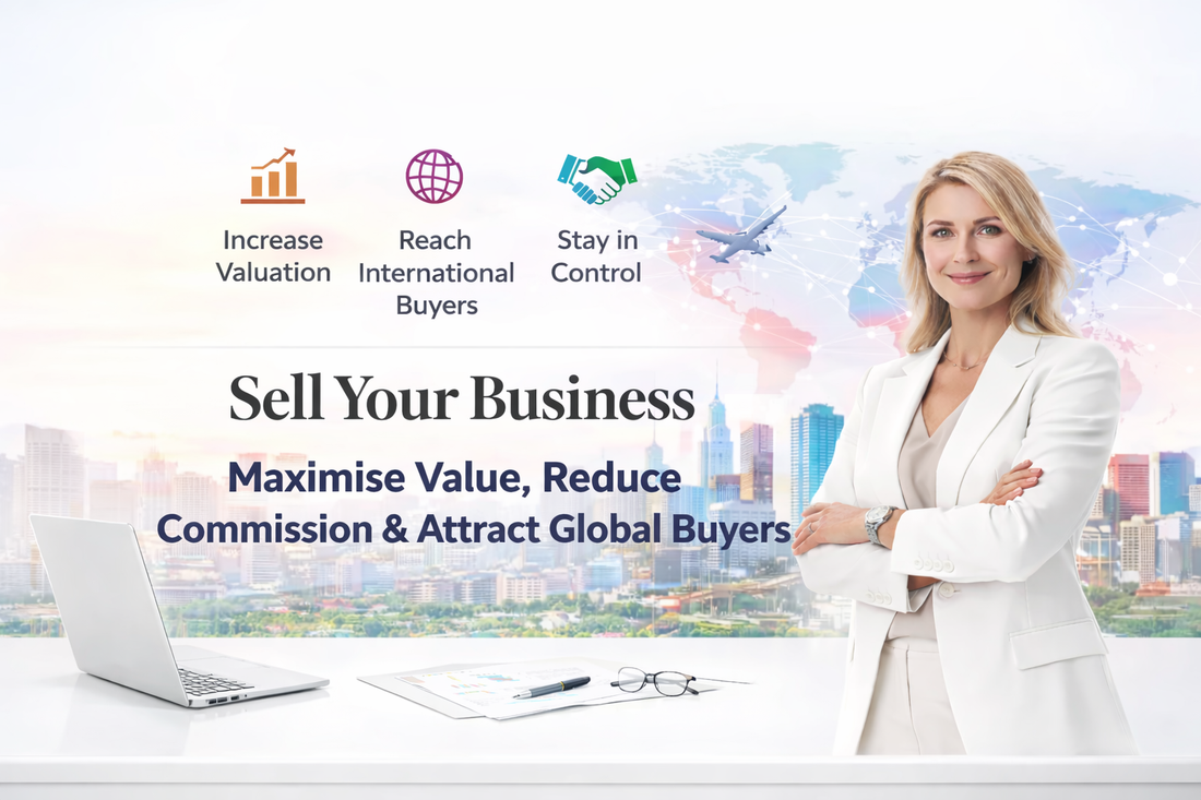 Sell Your Business colourful authority banner with centred headline, global map background, city skyline and professional advisor highlighting valuation growth and international buyers