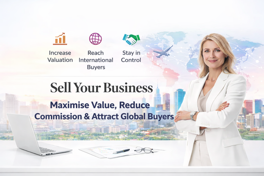 Sell Your Business colourful authority banner with centred headline, global map background, city skyline and professional advisor highlighting valuation growth and international buyers