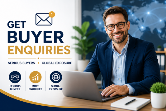 Sell your business with buyer enquiries banner featuring business owner receiving enquiries from serious buyers, global business exposure, and increased sales opportunities.