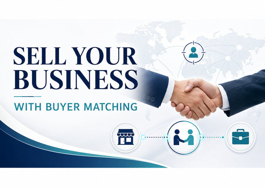 Sell your business with buyer matching, showing a professional handshake, global buyer network and business icons