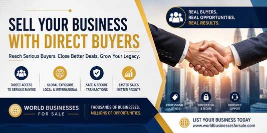 Sell Your Business With Direct Buyers banner featuring professional handshake, global buyer exposure, and faster business sales promotion.