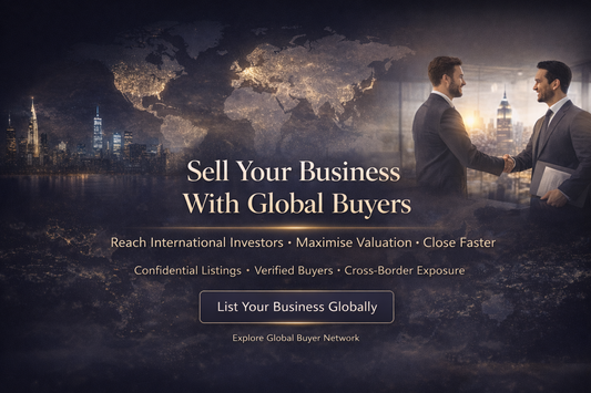 Premium global business sale banner with centered “Sell Your Business With Global Buyers” headline, world map background and executives shaking hands with call-to-action button.