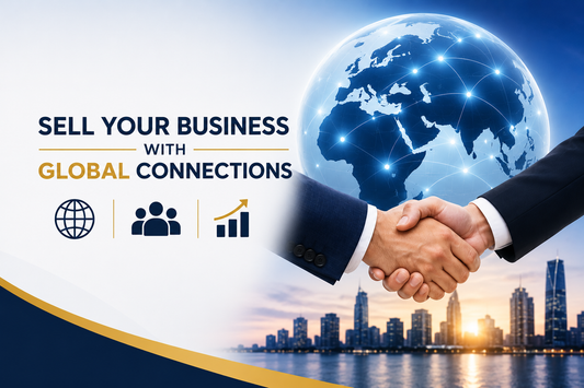 Sell your business with global connections banner showing handshake, digital globe and international business network