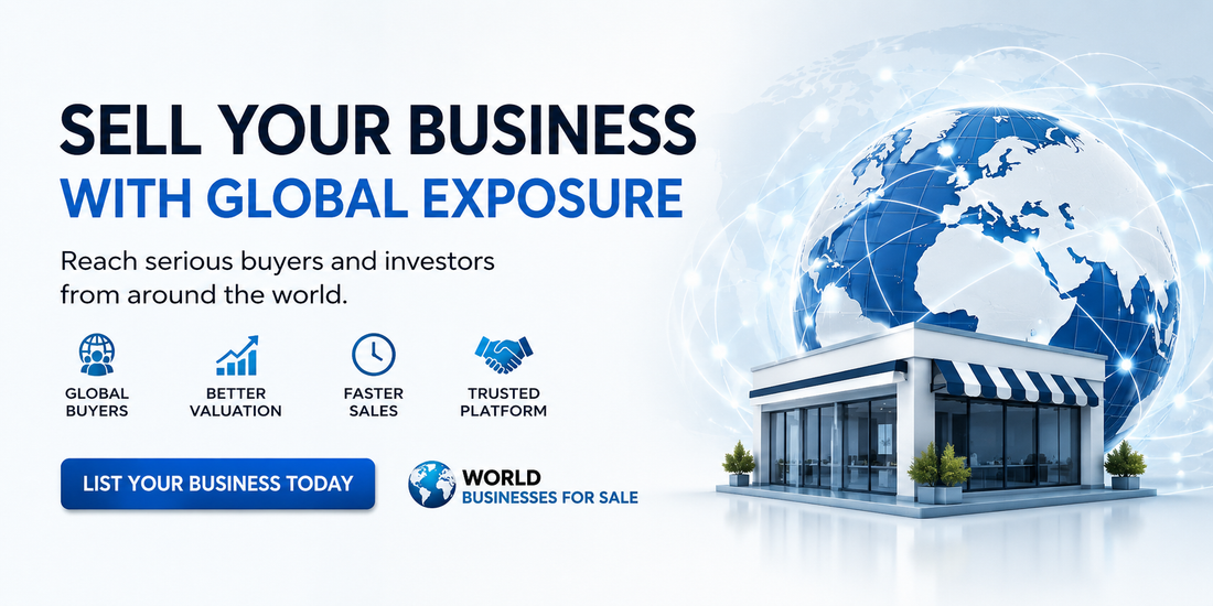 Sell Your Business With Global Exposure banner featuring worldwide buyer reach, global investor connections, and international business sales promotion.