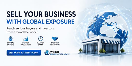 Sell Your Business With Global Exposure banner featuring worldwide buyer reach, global investor connections, and international business sales promotion.