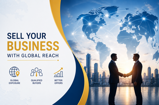 Sell your business with global reach banner featuring international buyer connections and a professional business handshake