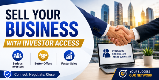 Professional business sale banner featuring investor access, handshake agreement, serious buyers, faster business sales, and global investor network for selling a business online.