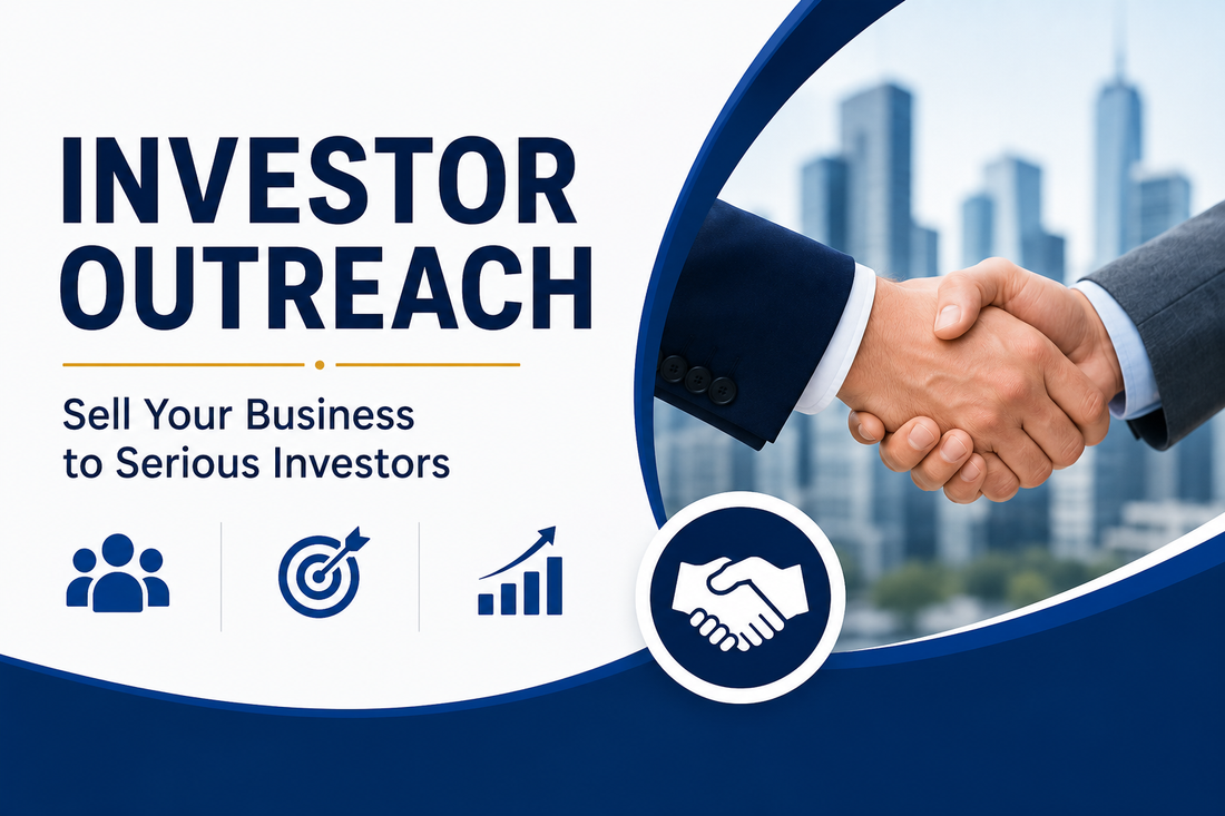 Business investor outreach banner showing a professional handshake, promoting serious buyer enquiries and business sale exposure.