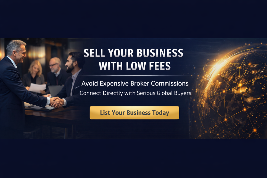 Sell your business with low fees banner promoting avoiding broker commissions and connecting with serious global buyers.
