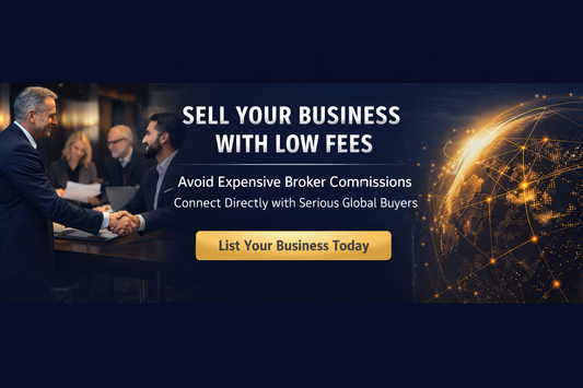 Sell your business with low fees banner promoting avoiding broker commissions and connecting with serious global buyers.