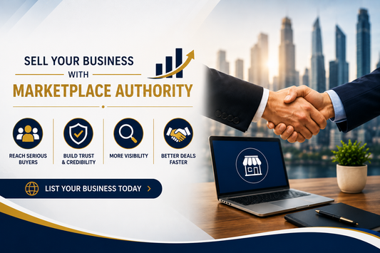Professional banner for selling your business with marketplace authority, featuring a handshake, city skyline, growth icon and buyer trust symbols