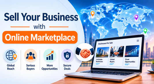 Sell your business with online marketplace banner featuring global buyer exposure, serious investors, secure business sales, and worldwide business listing platform.